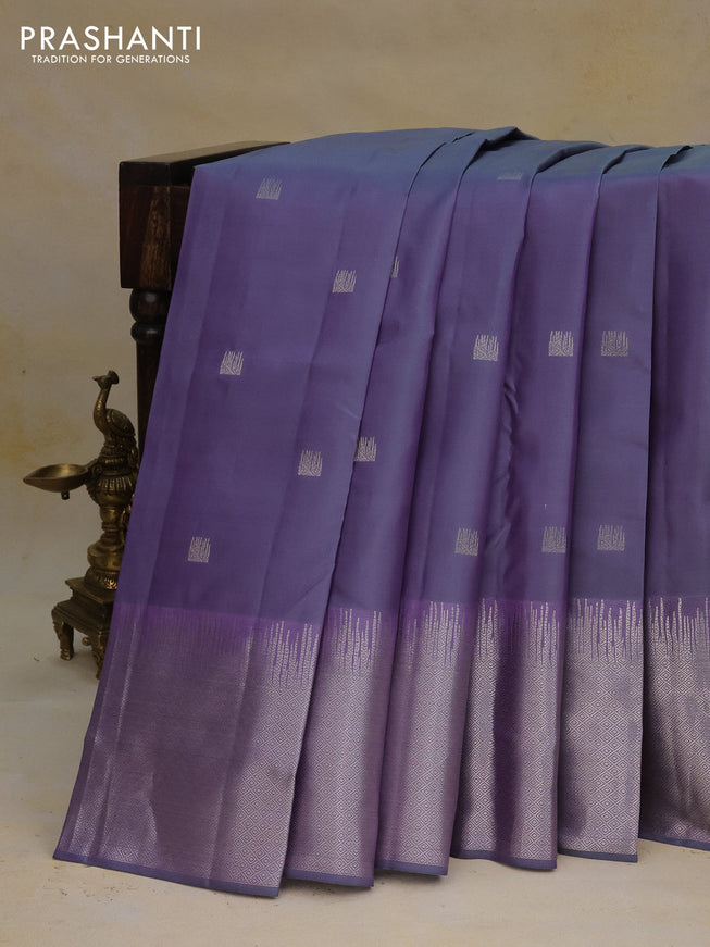 Pure kanchipuram silk saree dual shade of grey with silver zari woven buttas and silver zari woven border