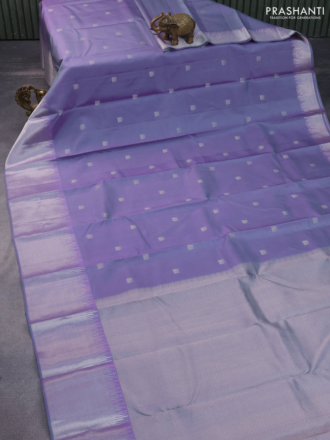 Pure kanchipuram silk saree dual shade of grey with silver zari woven buttas and silver zari woven border