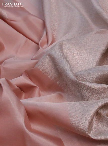 Pure kanchipuram silk saree pastel peach shade with silver zari woven buttas and long silver zari woven border