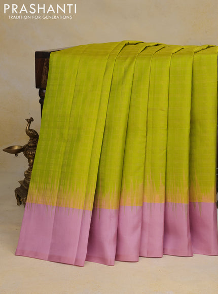 Pure kanchipuram silk saree lime green and pastel pink with allover zari checked pattern and simple border