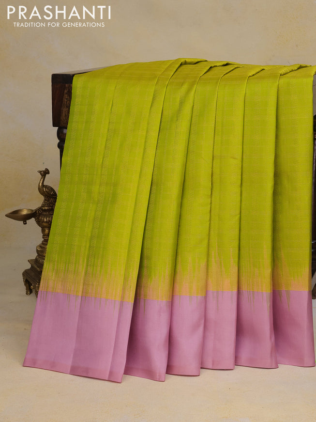 Pure kanchipuram silk saree lime green and pastel pink with allover zari checked pattern and simple border