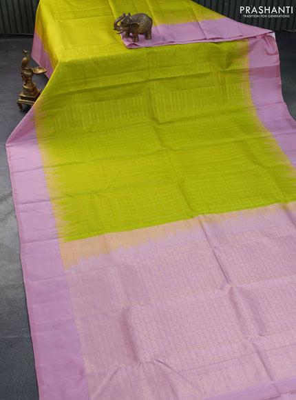 Pure kanchipuram silk saree lime green and pastel pink with allover zari checked pattern and simple border