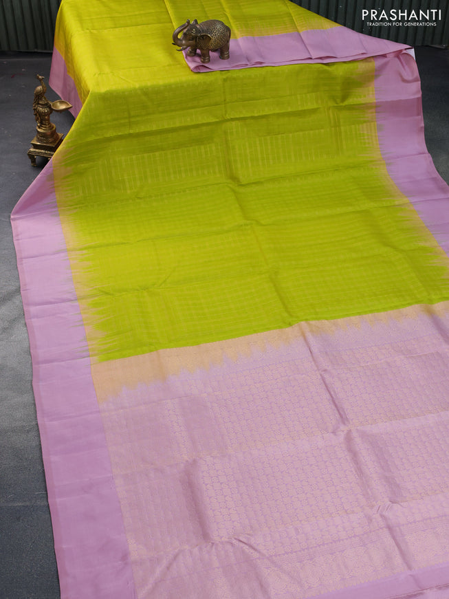 Pure kanchipuram silk saree lime green and pastel pink with allover zari checked pattern and simple border