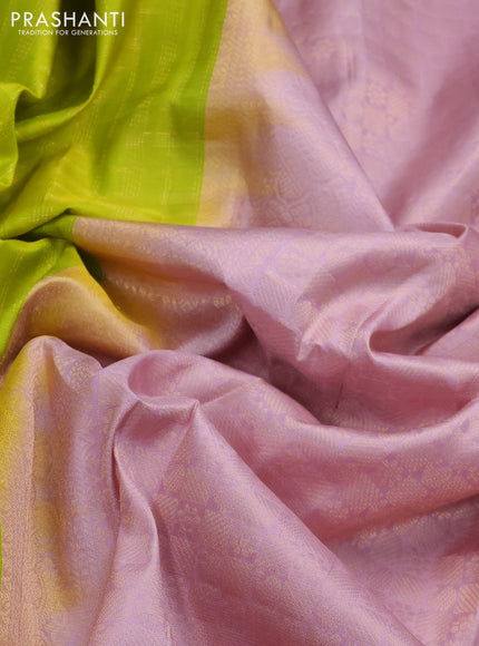 Pure kanchipuram silk saree lime green and pastel pink with allover zari checked pattern and simple border