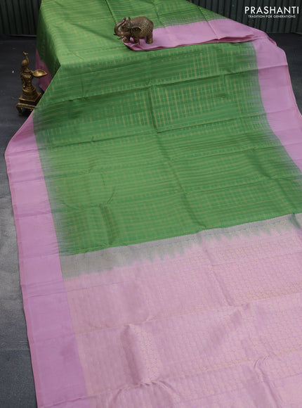 Pure kanchipuram silk saree pastel green and pastel pink with allover zari checked pattern and simple border