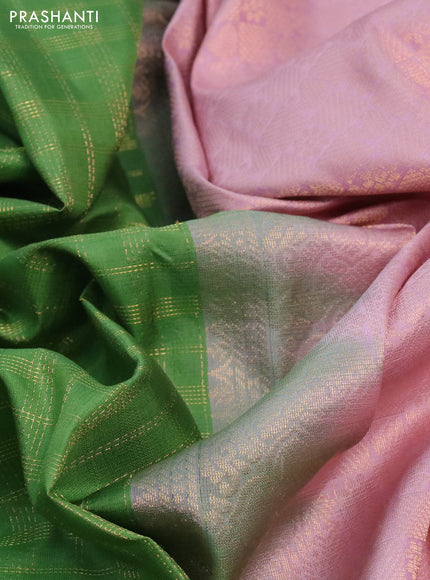 Pure kanchipuram silk saree pastel green and pastel pink with allover zari checked pattern and simple border