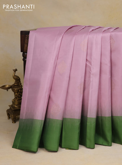 Pure kanchipuram silk saree pastel pink and sap green with zari woven buttas and simple border