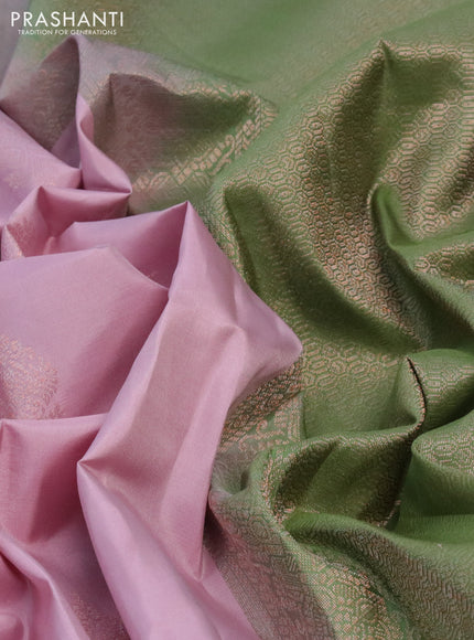 Pure kanchipuram silk saree pastel pink and sap green with zari woven buttas and simple border