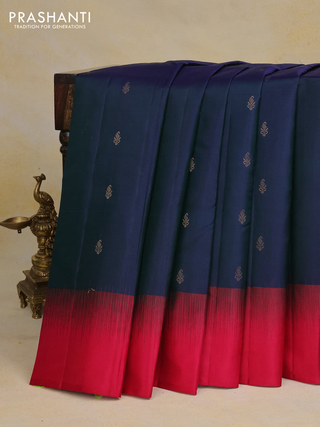 Pure kanchipuram silk saree dual shade of bluish green and pink with allover zari woven buttas and simple border