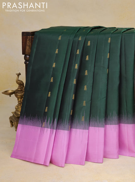 Pure kanchipuram silk saree bottle green and lotus pink with zari woven buttas and simple border