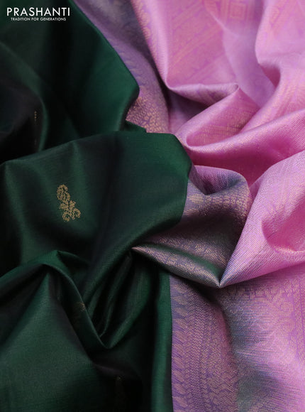 Pure kanchipuram silk saree bottle green and lotus pink with zari woven buttas and simple border