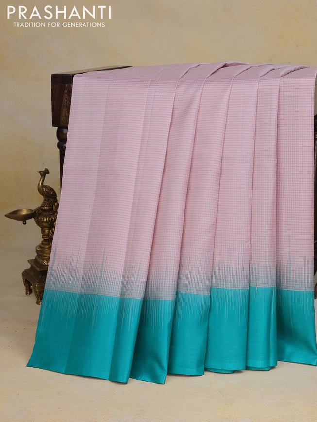 Pure kanchipuram silk saree pastel pink and teal green with allover zari checked pattern and simple border