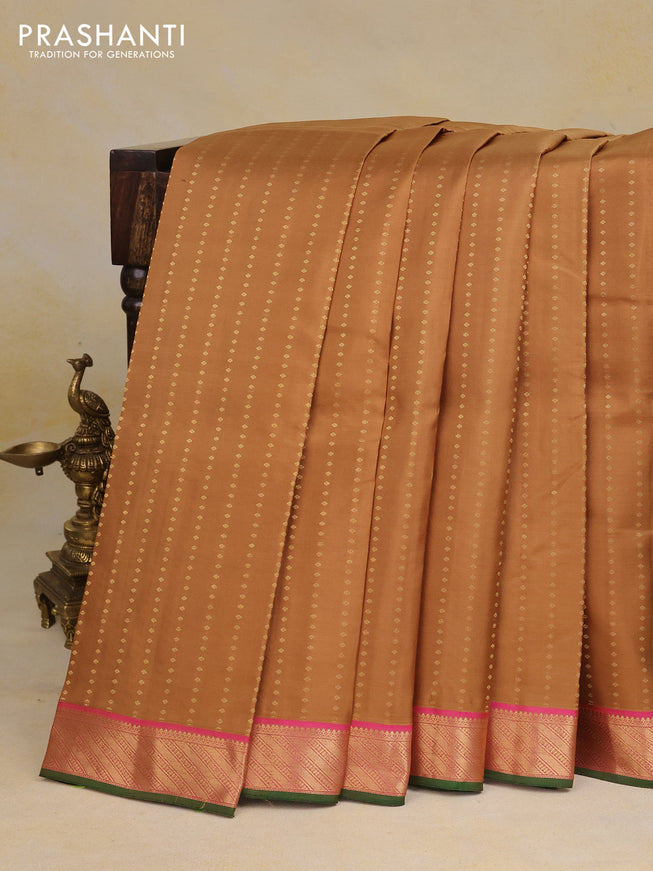 Pure kanchipuram silk saree sandal and pink with zari woven 1000 buttas and zari woven border