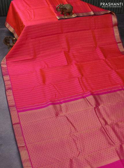 Pure kanchipuram silk saree dual shade of pinkish orange and pink with zari woven 1000 buttas and zari woven border