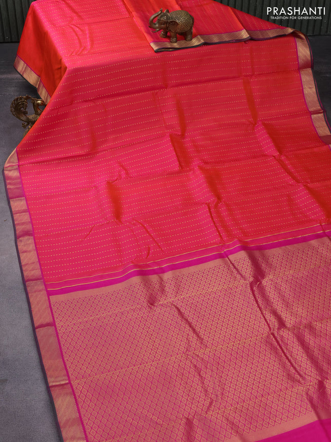 Pure kanchipuram silk saree dual shade of pinkish orange and pink with zari woven 1000 buttas and zari woven border