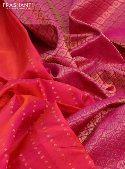 Pure kanchipuram silk saree dual shade of pinkish orange and pink with zari woven 1000 buttas and zari woven border