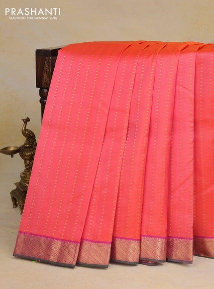 Pure kanchipuram silk saree dual shade of orange and green with zari woven 1000 buttas and zari woven border