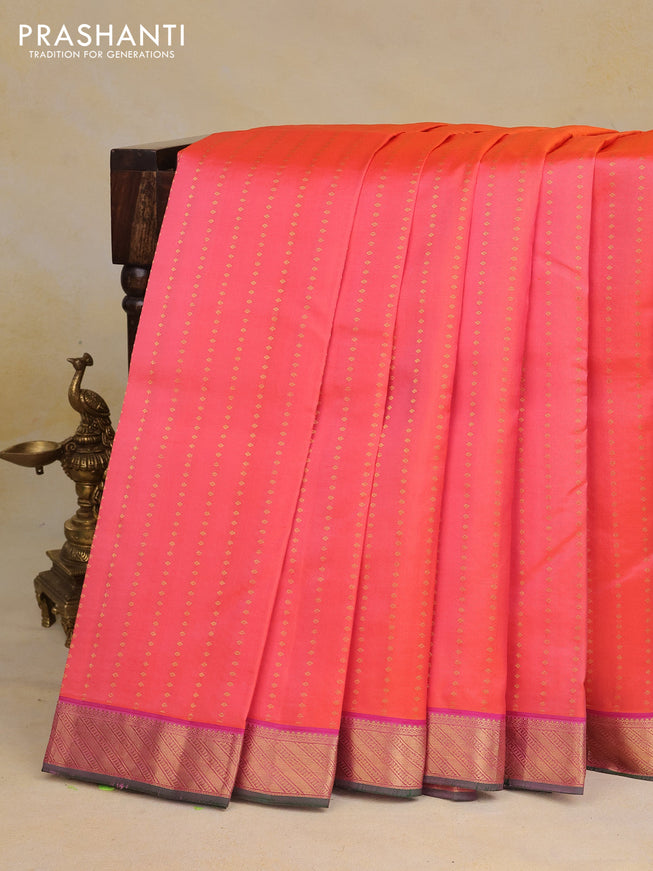 Pure kanchipuram silk saree dual shade of orange and green with zari woven 1000 buttas and zari woven border