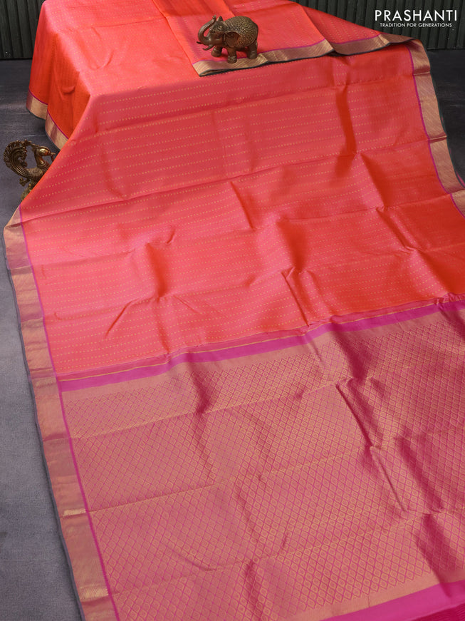 Pure kanchipuram silk saree dual shade of orange and green with zari woven 1000 buttas and zari woven border