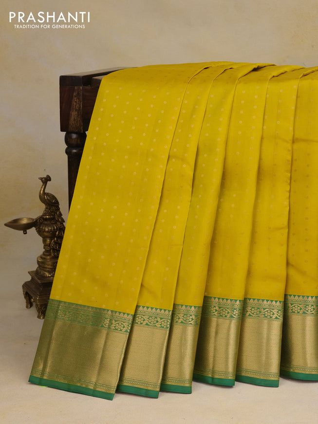 Pure kanchipuram silk saree yellow and green with allover zari woven buttas and zari woven border