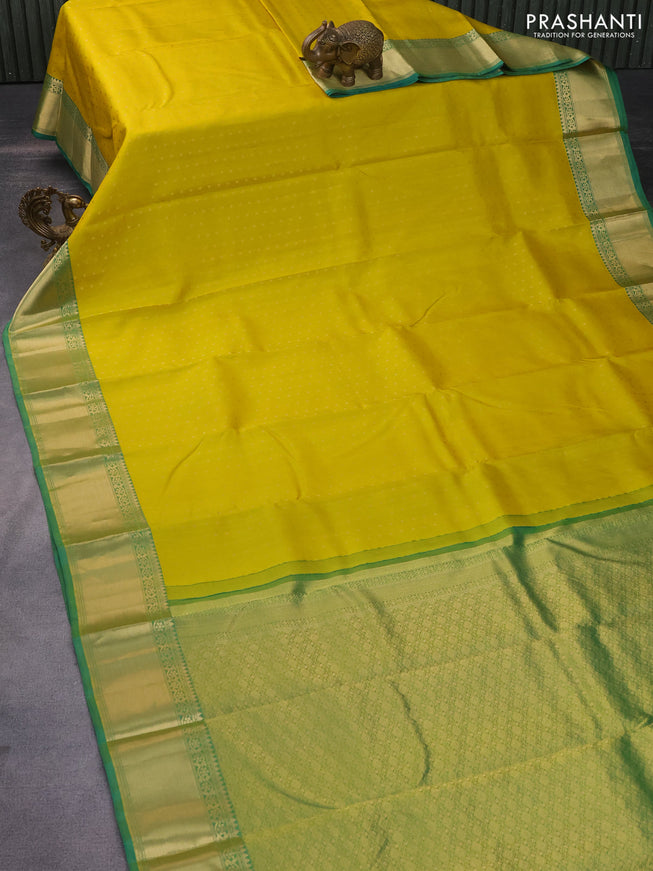 Pure kanchipuram silk saree yellow and green with allover zari woven buttas and zari woven border