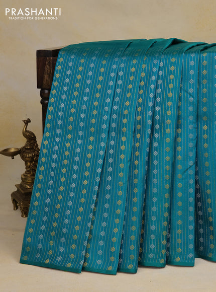 Pure kanchipuram silk saree dual shade of teal bluish green with half & half style buttas in borderless style