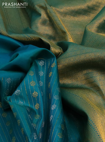 Pure kanchipuram silk saree dual shade of teal bluish green with half & half style buttas in borderless style