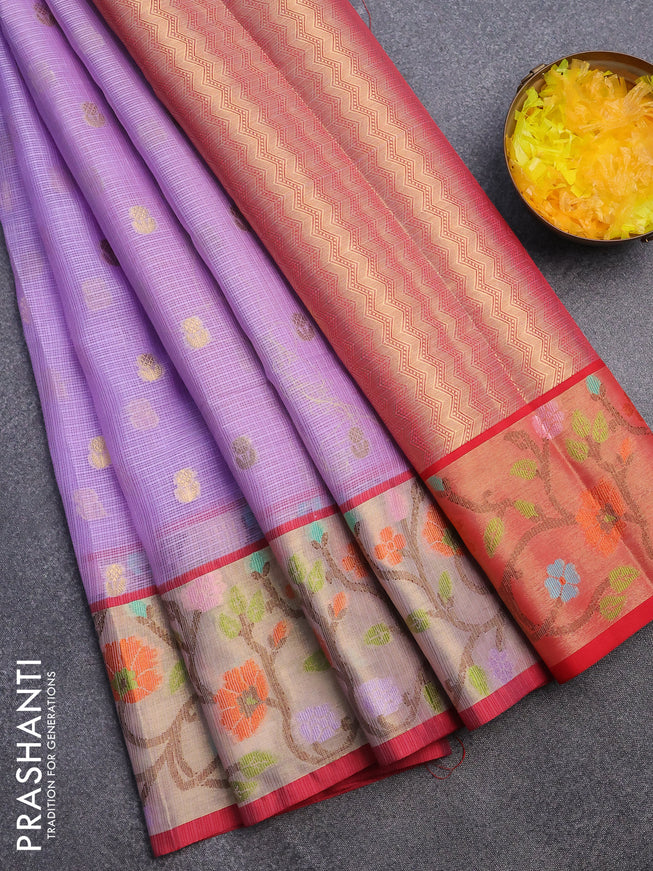 Cotton zari kota saree lavender and red with zari woven buttas and zari woven paithani style border