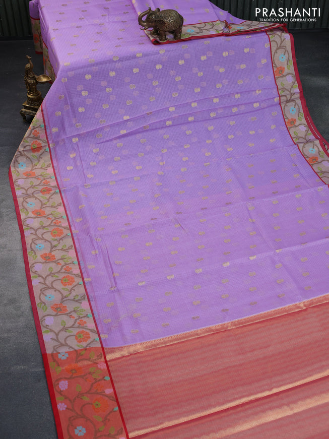 Cotton zari kota saree lavender and red with zari woven buttas and zari woven paithani style border