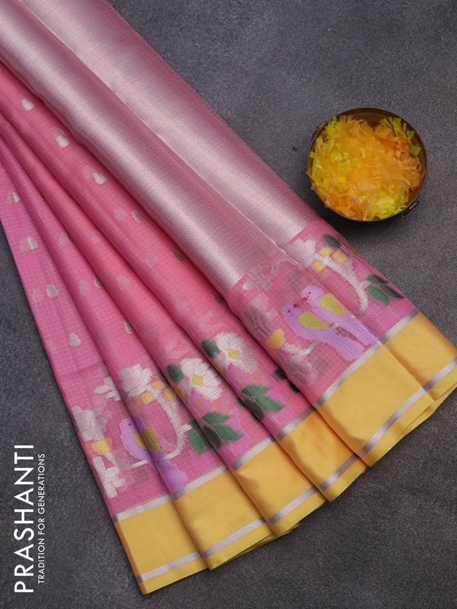 Cotton zari kota saree light pink and yellow with silver zari woven buttas and rettapet zari woven border