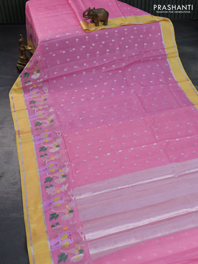 Cotton zari kota saree light pink and yellow with silver zari woven buttas and rettapet zari woven border