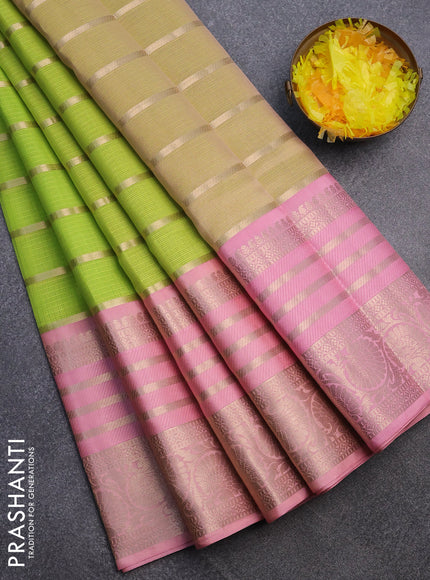 Cotton zari kota saree fluorescent green and light pink with allover zari weaves and long zari woven border