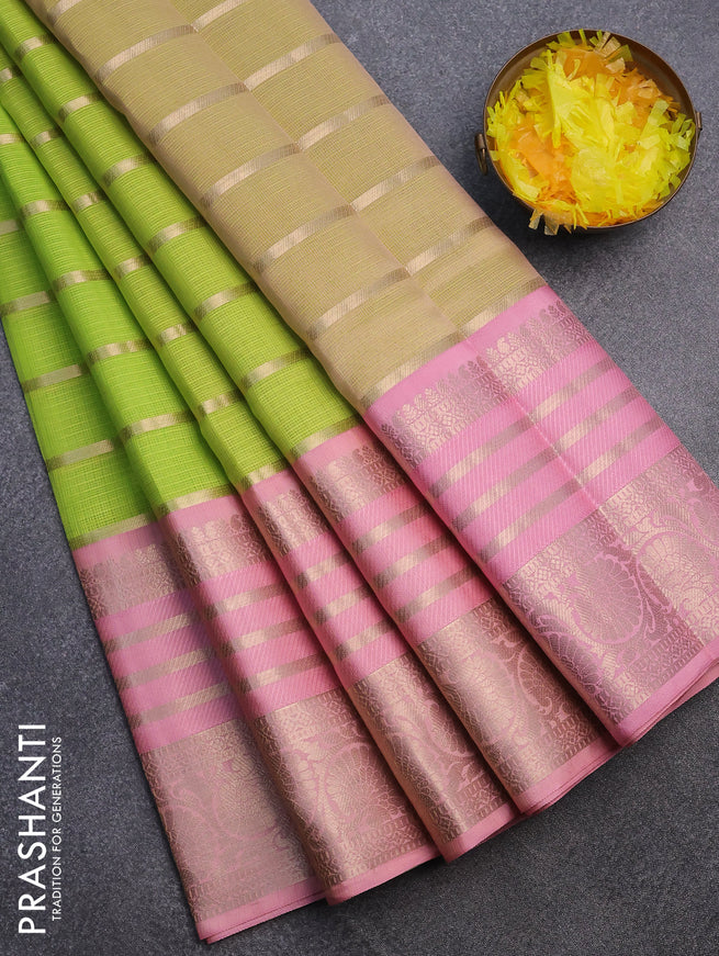 Cotton zari kota saree fluorescent green and light pink with allover zari weaves and long zari woven border