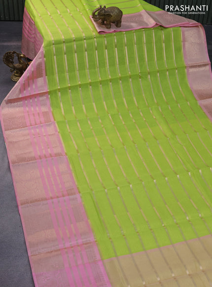 Cotton zari kota saree fluorescent green and light pink with allover zari weaves and long zari woven border