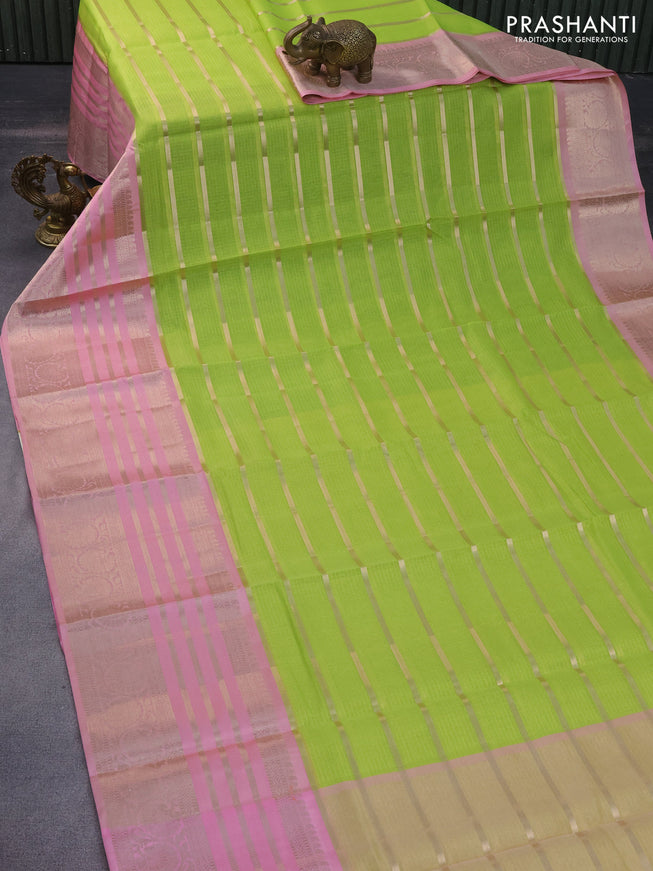 Cotton zari kota saree fluorescent green and light pink with allover zari weaves and long zari woven border