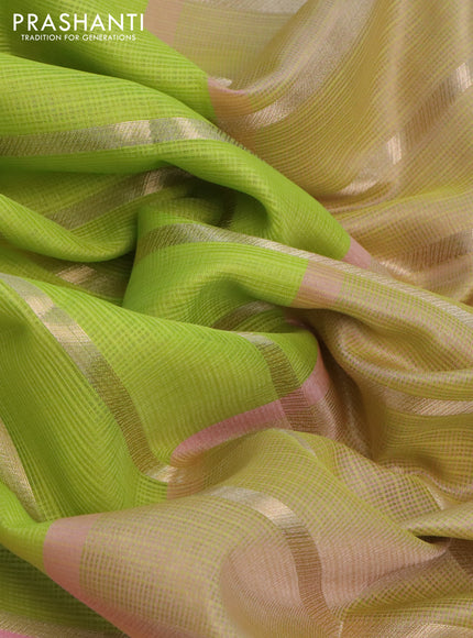 Cotton zari kota saree fluorescent green and light pink with allover zari weaves and long zari woven border