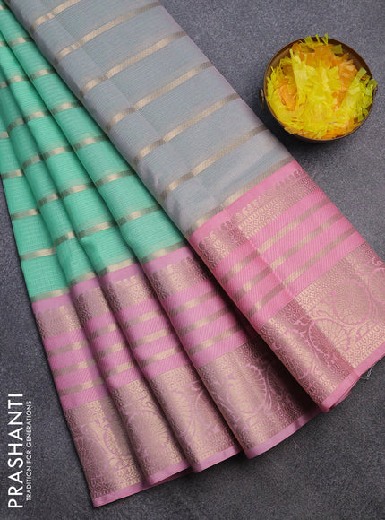 Cotton zari kota saree teal shade and light pink with allover zari weaves and long zari woven border