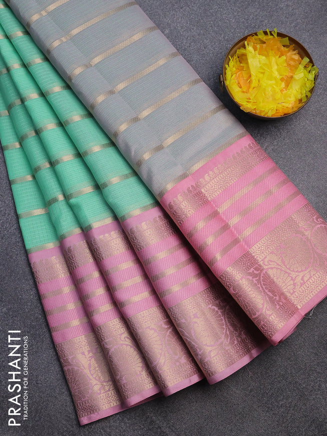 Cotton zari kota saree teal shade and light pink with allover zari weaves and long zari woven border