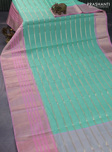 Cotton zari kota saree teal shade and light pink with allover zari weaves and long zari woven border