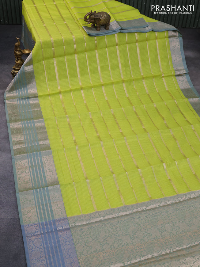 Cotton zari kota saree lime green and grey with allover zari woven stripes pattern and long zari woven border