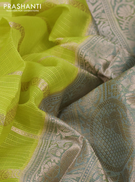 Cotton zari kota saree lime green and grey with allover zari woven stripes pattern and long zari woven border