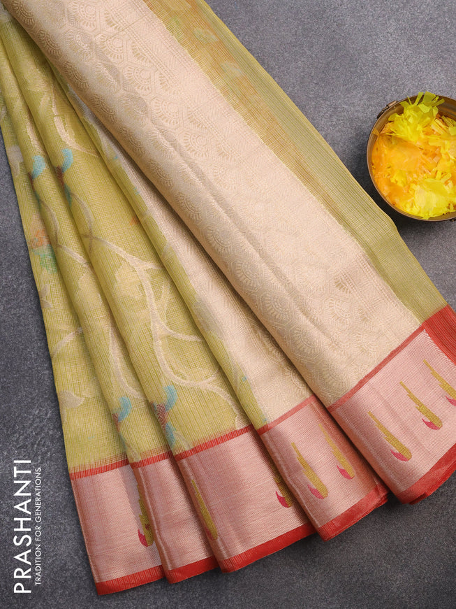 Cotton zari kota tissue saree light green and red with allover zari weaves and zari woven muniya butta border