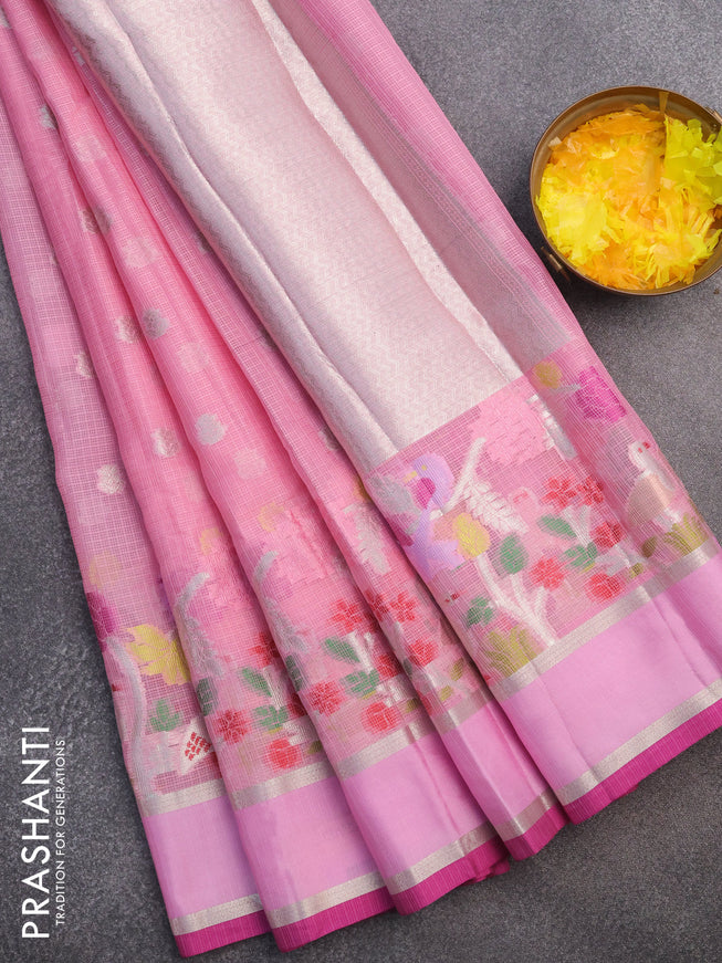 Cotton zari kota saree light pink and purple shade with allover silver zari woven buttas and zari woven paithani style border