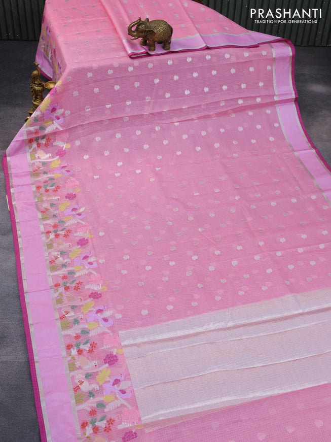 Cotton zari kota saree light pink and purple shade with allover silver zari woven buttas and zari woven paithani style border