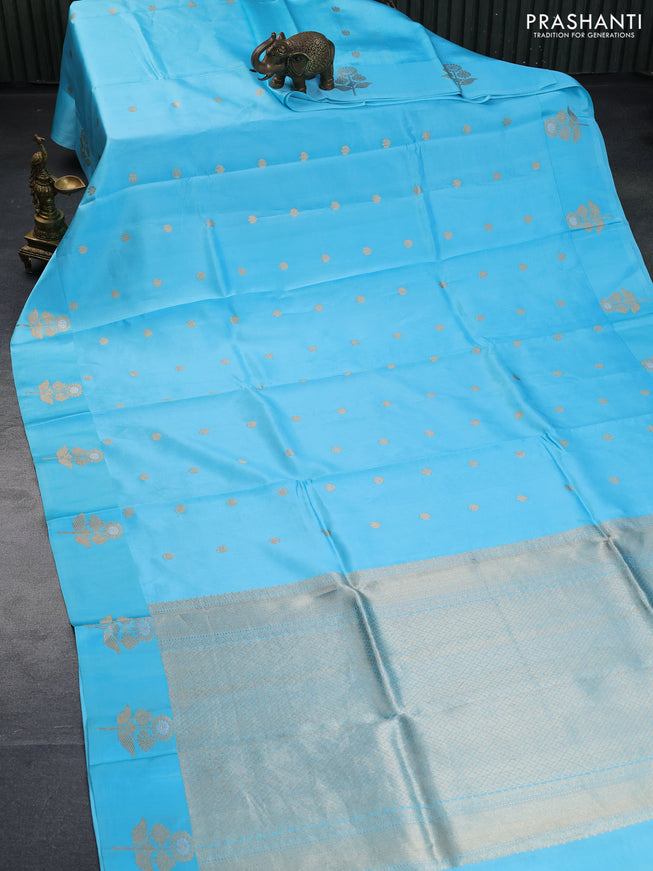 Poona silk saree light blue with zari woven buttas and zari woven floral butta border