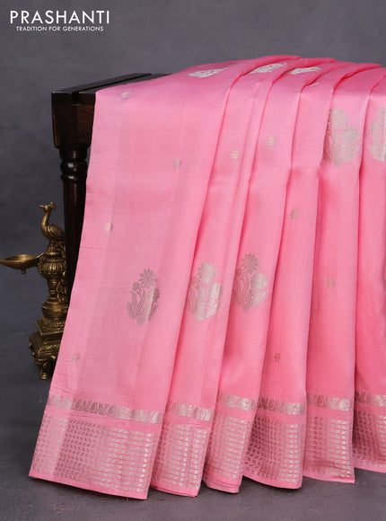 Poona silk saree light pink with zari woven buttas and silver zari woven border