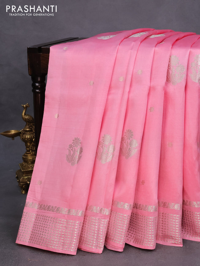 Poona silk saree light pink with zari woven buttas and silver zari woven border