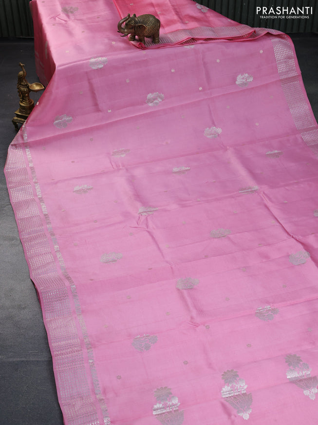 Poona silk saree light pink with zari woven buttas and silver zari woven border