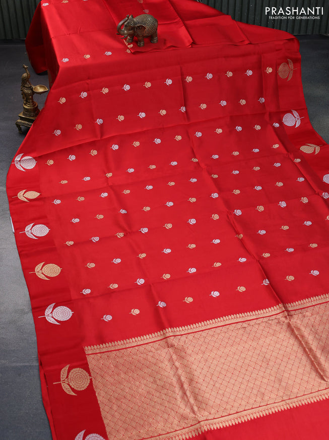 Poona silk saree red with zari woven buttas and zari woven floral butta border