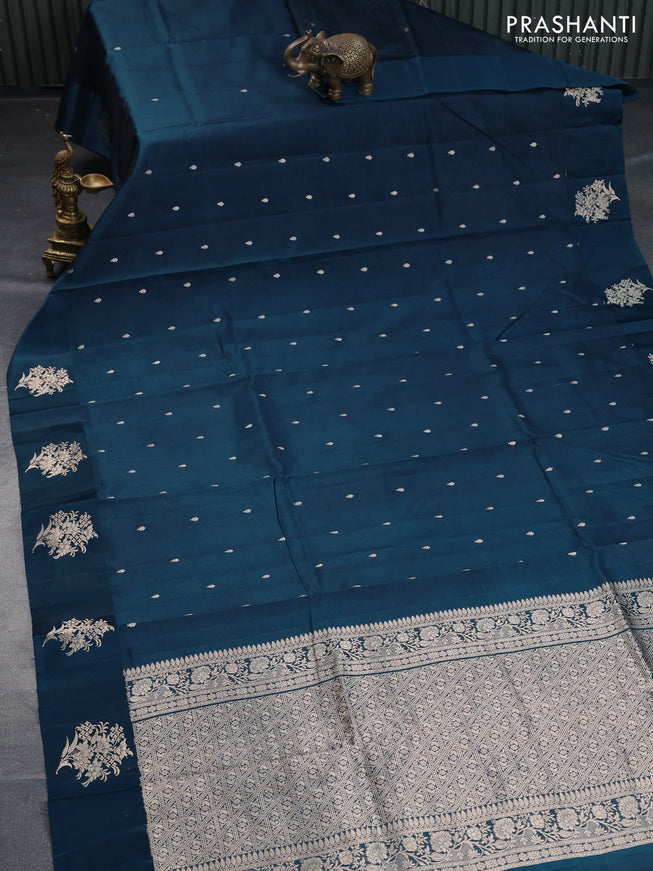 Poona silk saree peacock blue with zari woven buttas and zari woven floral butta border